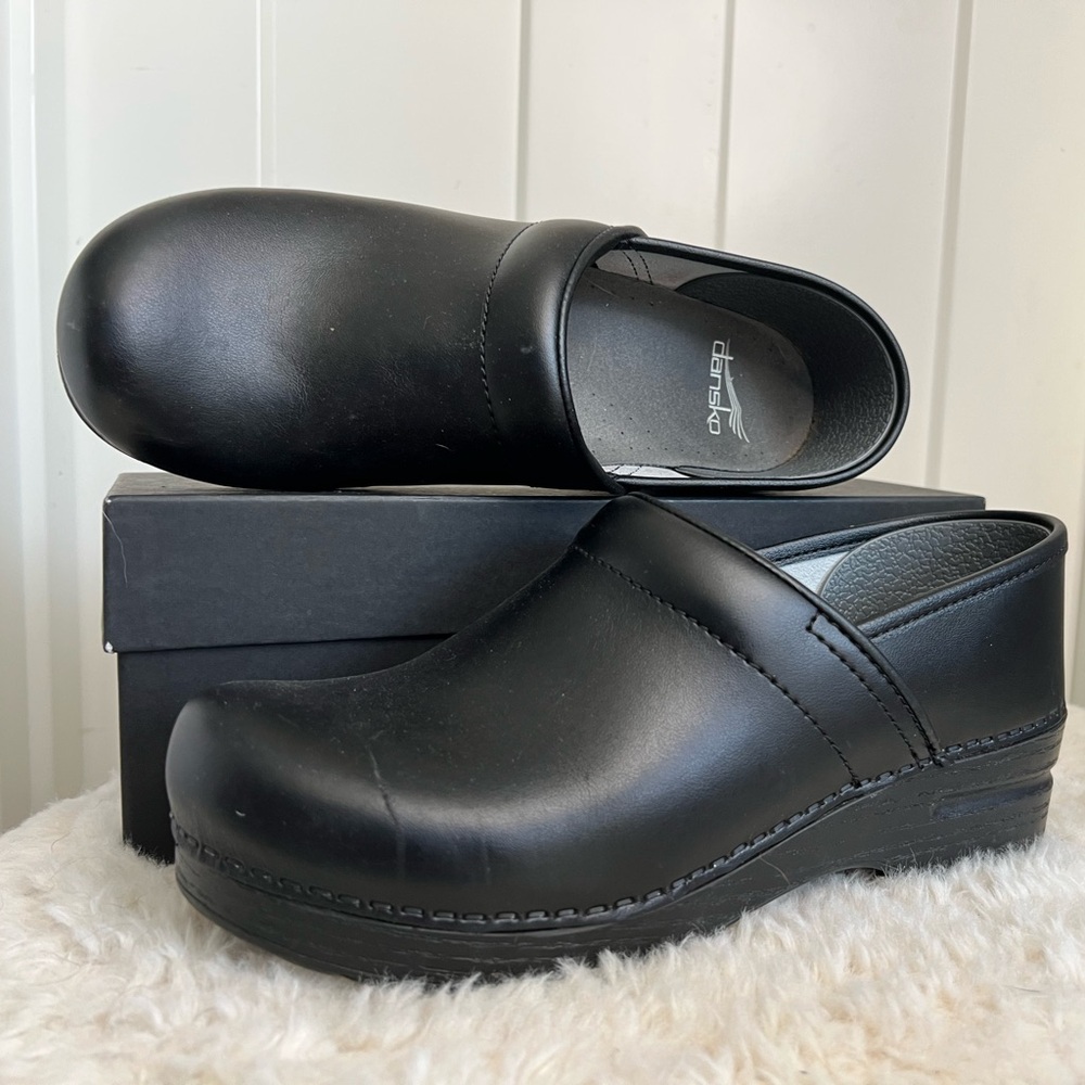 Dansko Black Leather Slip-On Clogs
